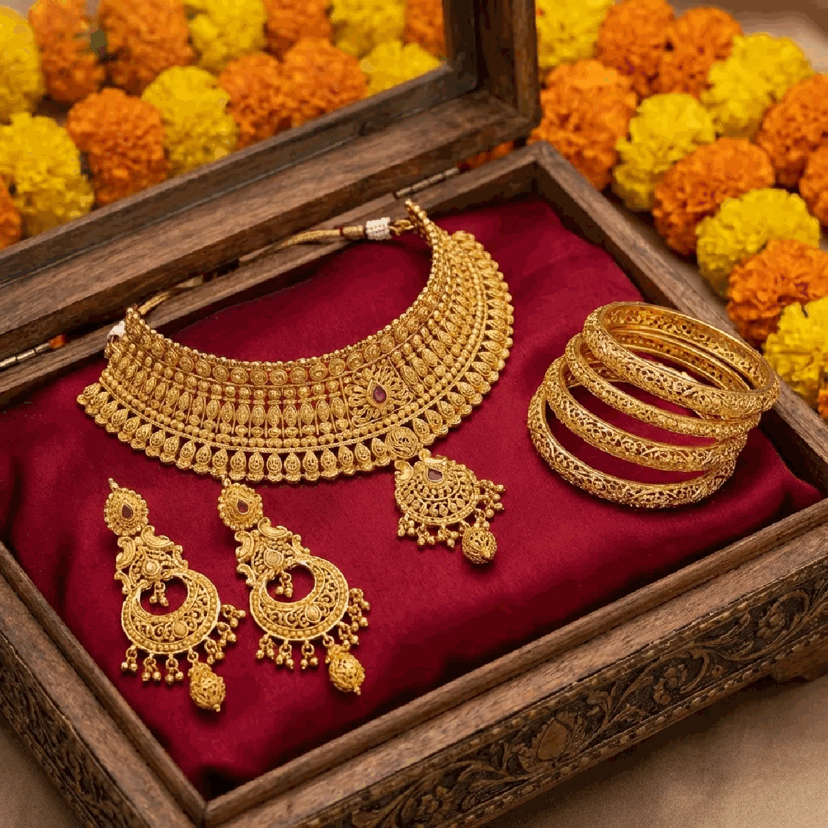 Traditional Indian bridal jewelry set with gold necklace and earrings