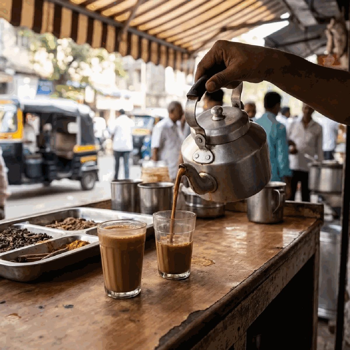 Cutting chai being poured into small glass