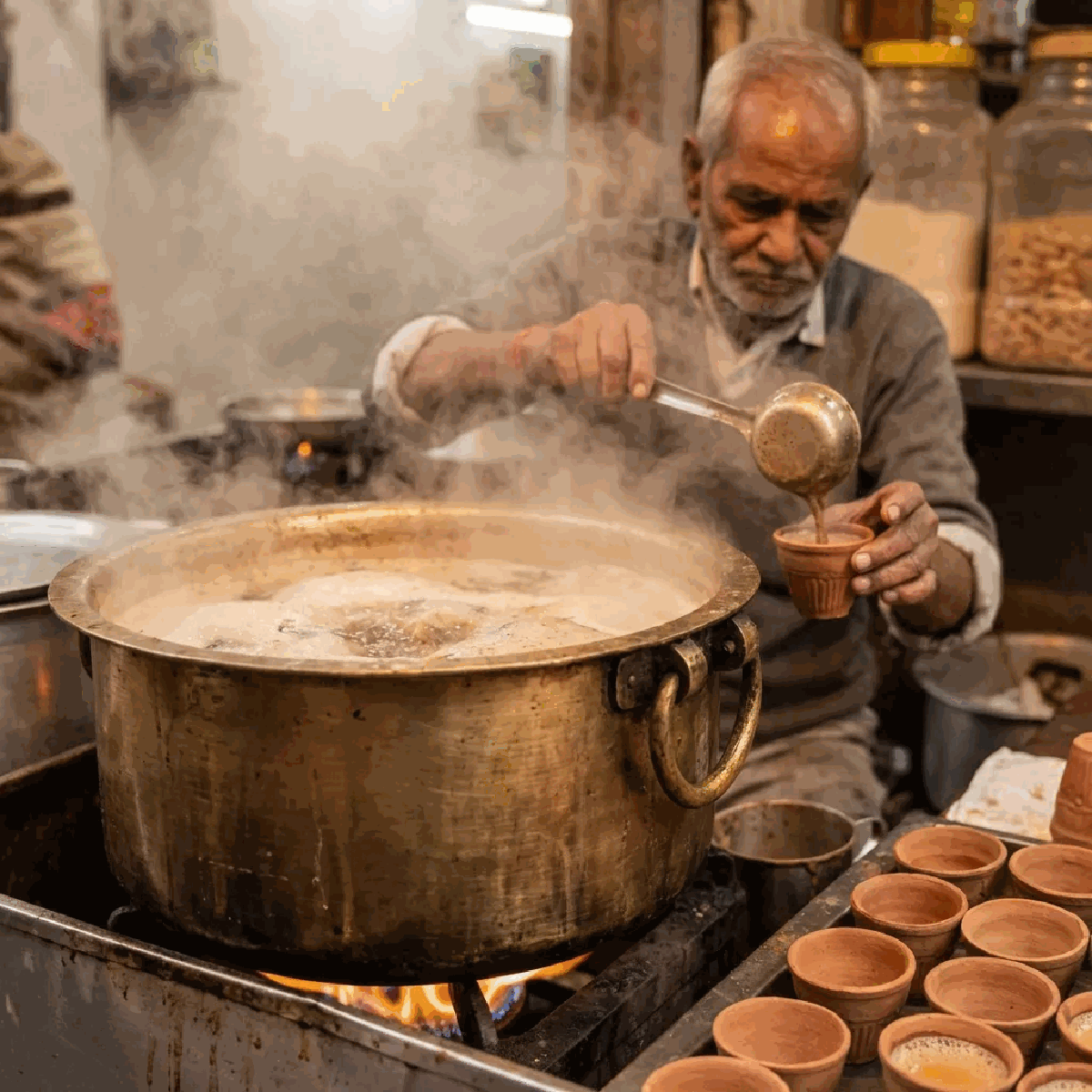 Chai being prepared in brass pot with steam rising