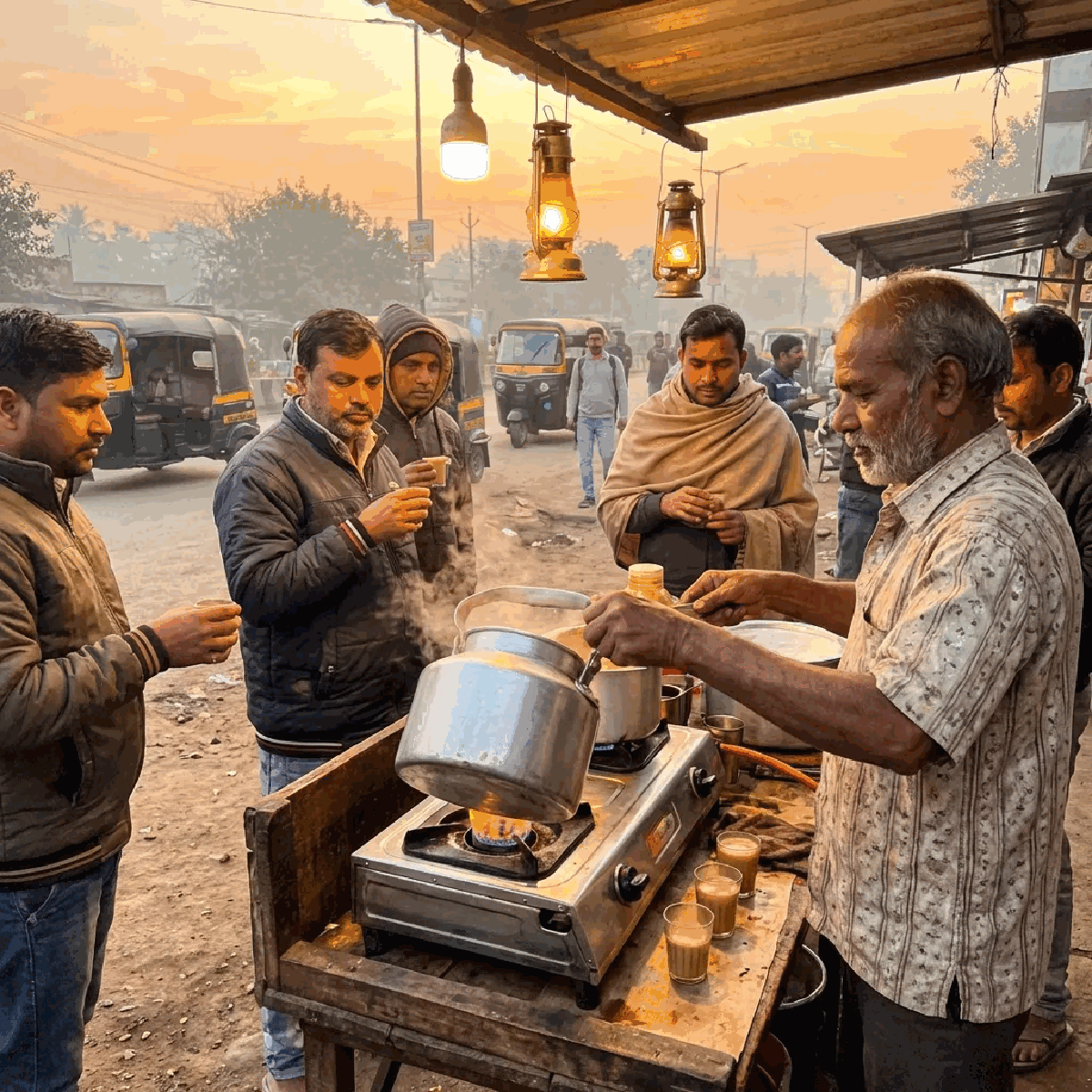 Indian chai stall in early morning with customers