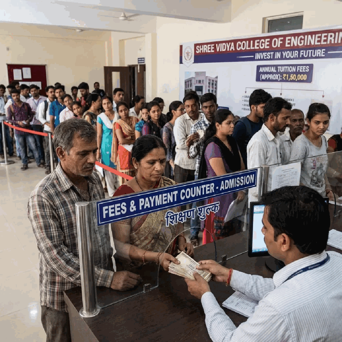 Parents paying college fees at admission counter