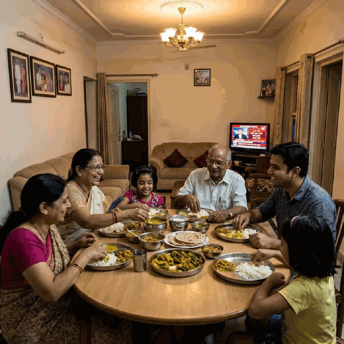 Three generations of an Indian family at dinner