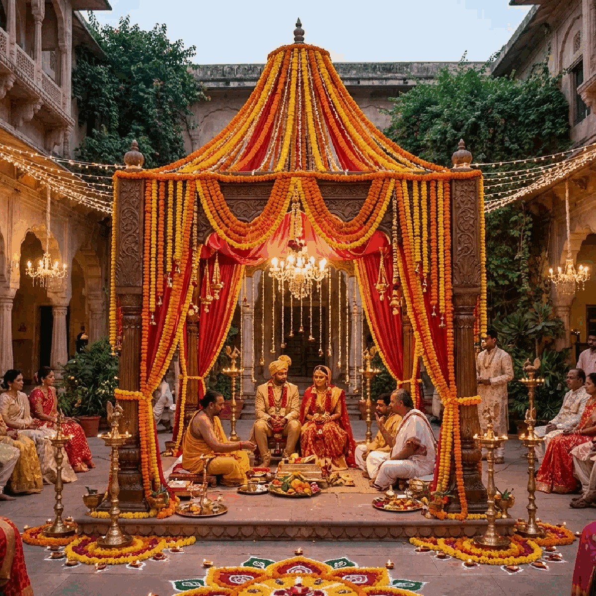 Traditional Indian wedding ceremony with bride and groom