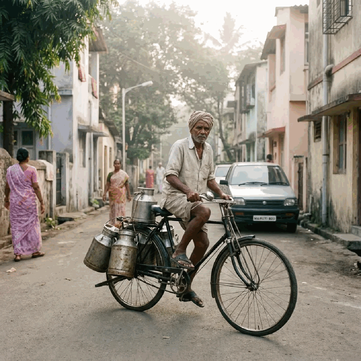 Indian milk delivery man on bicycle with metal cans