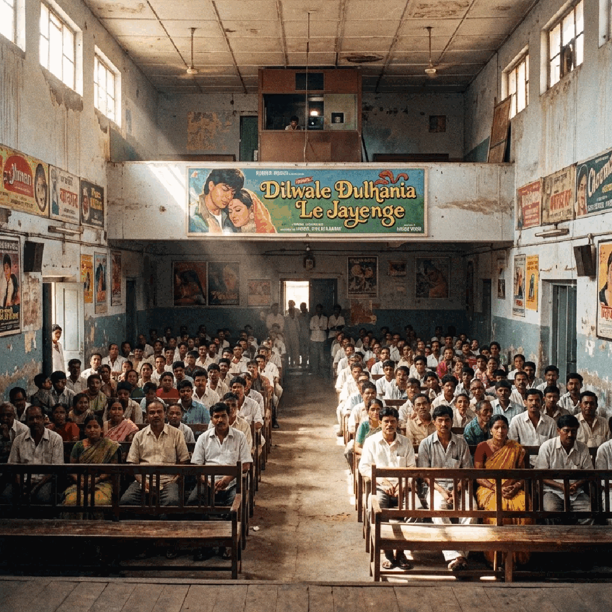 Old single-screen cinema hall contrasted with a modern Indian multiplex