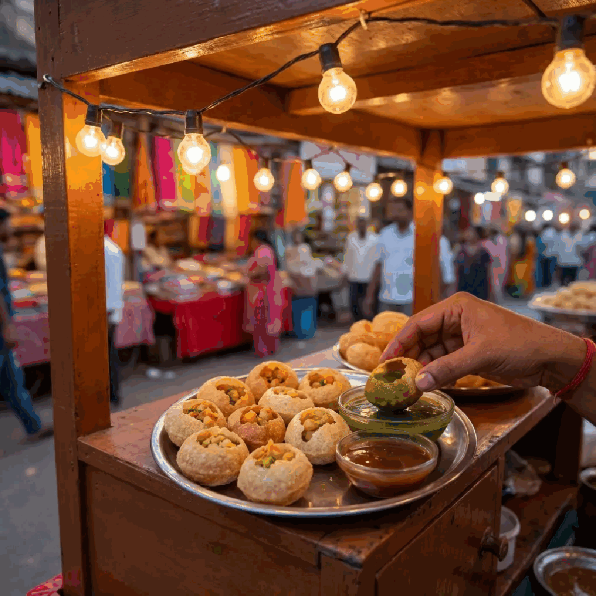 Plate of pani puri served at an Indian street food stall