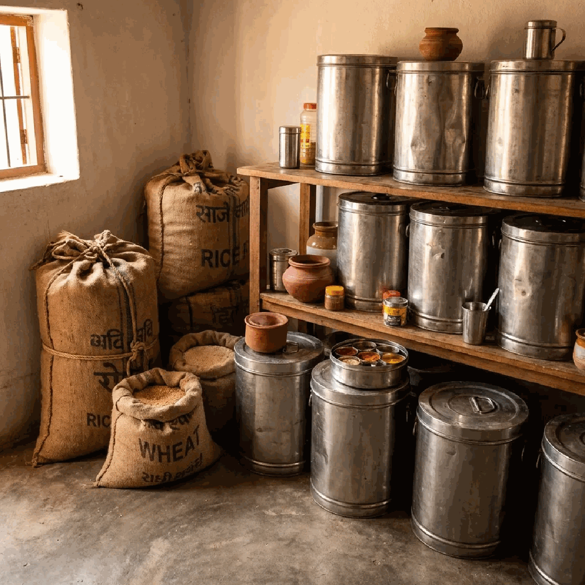 Traditional Indian pantry with steel containers and grain storage