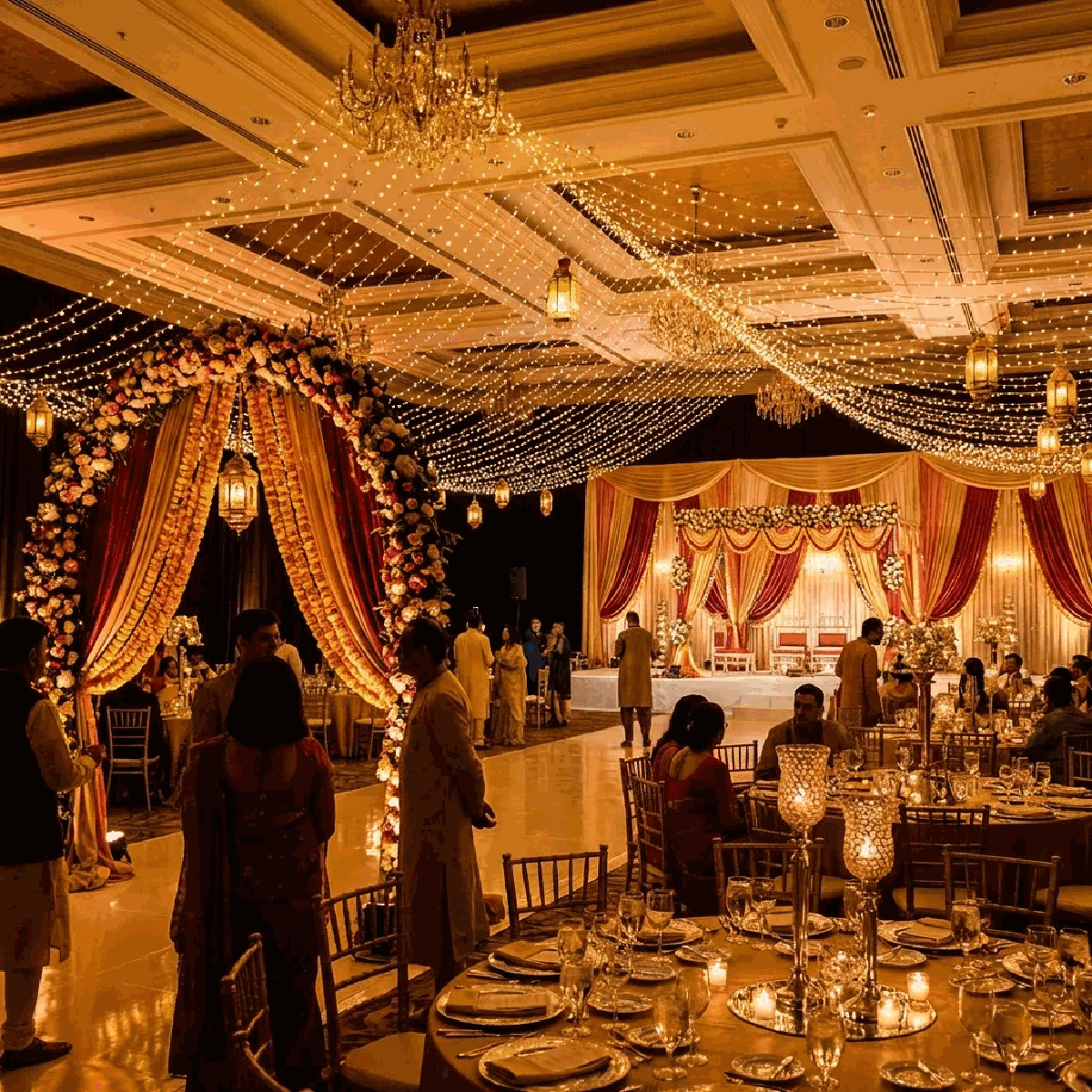 Lavishly decorated Indian wedding venue with floral arrangements